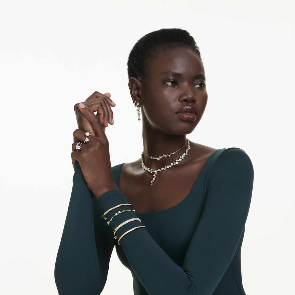 Swarovski Constella drop earrings Mixed cuts, Green, 18K gold finish