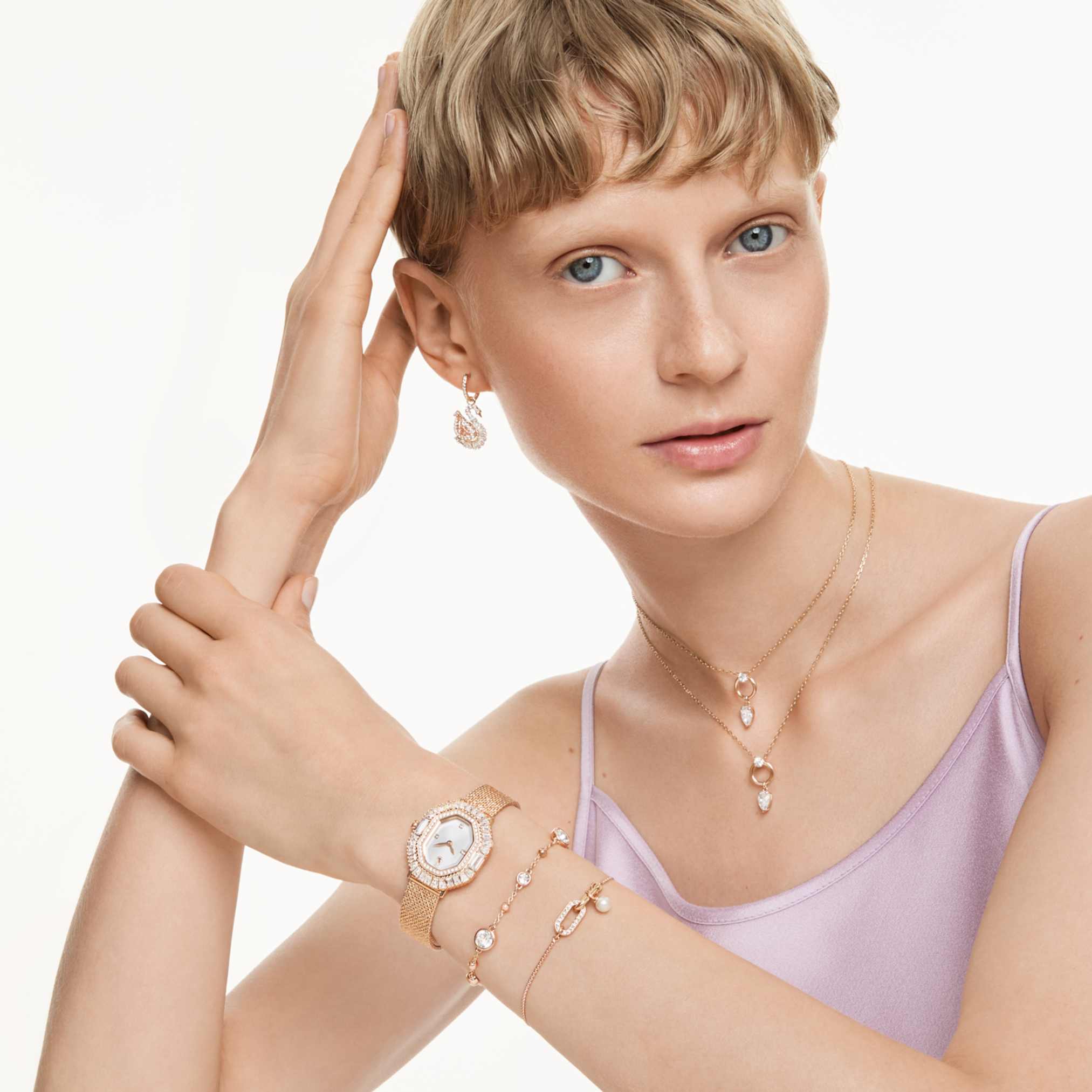 Swarovski Matrix octagon watch Metal bracelet, Gold tone, Champagne gold-tone finish