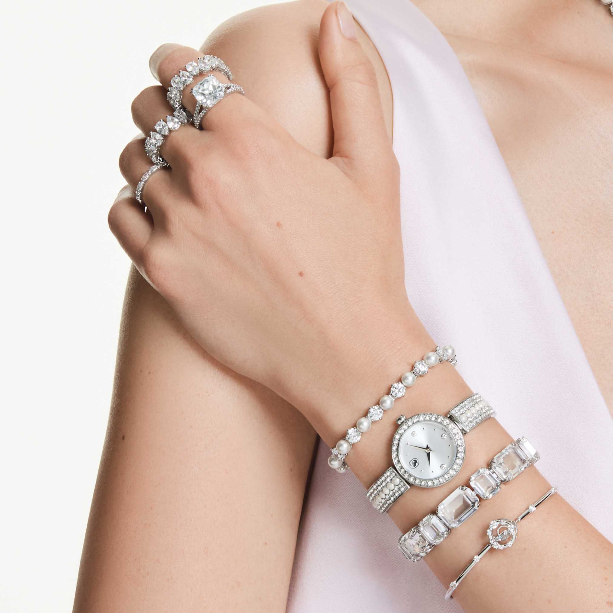 Swarovski Matrix pearl bangle watch Swiss Made, Crystal bracelet, White, Stainless steel