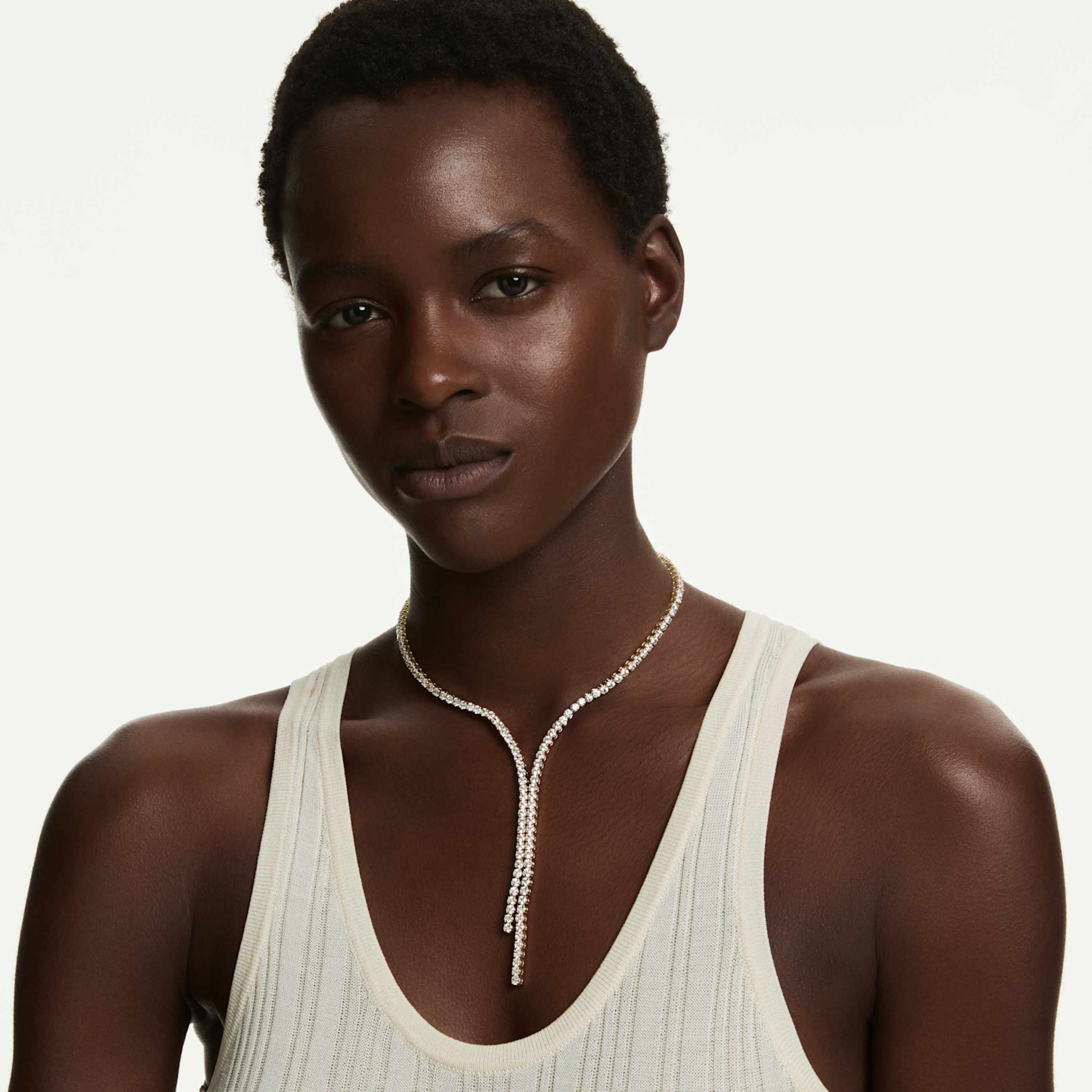 Swarovski Matrix Y necklace Round cut, White, Rhodium plated