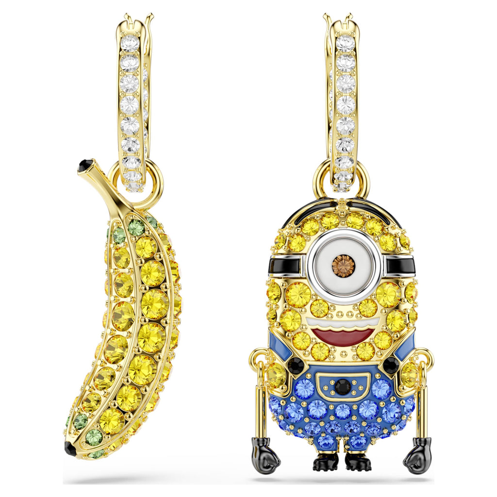 Swarovski Minions Stuart and Banana drop earrings Pavé, Mini, Multicolored, 18K gold finish